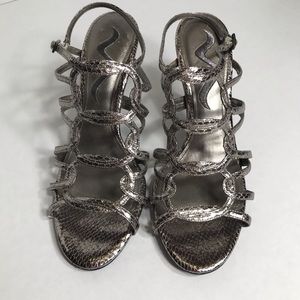 Nina Silver Snakeskin Gladiator Sandals Sz 8.5 Stiletto Heels Cocktail Eveining